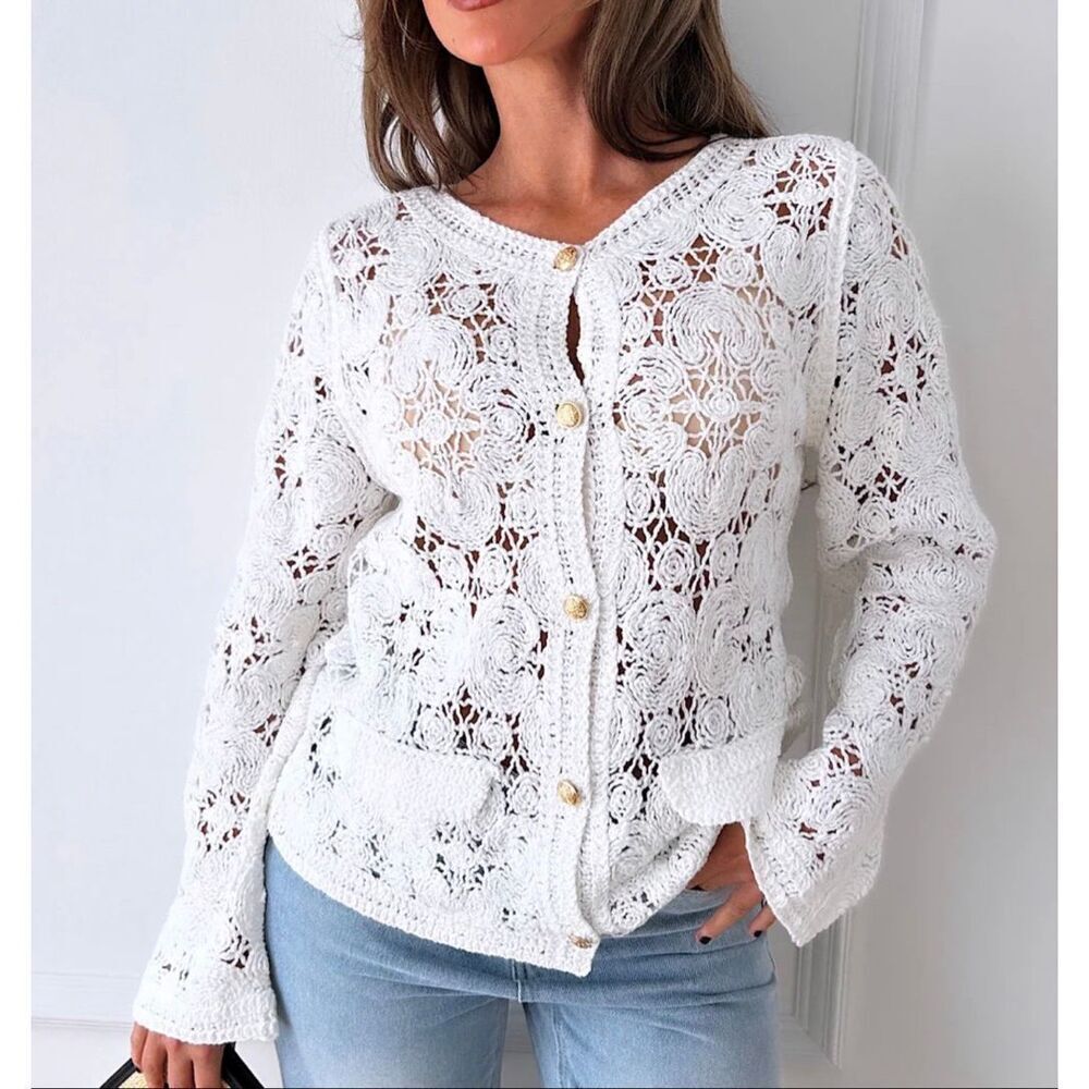 White cotton Crochet Button Cardigan flare sleeve size S?